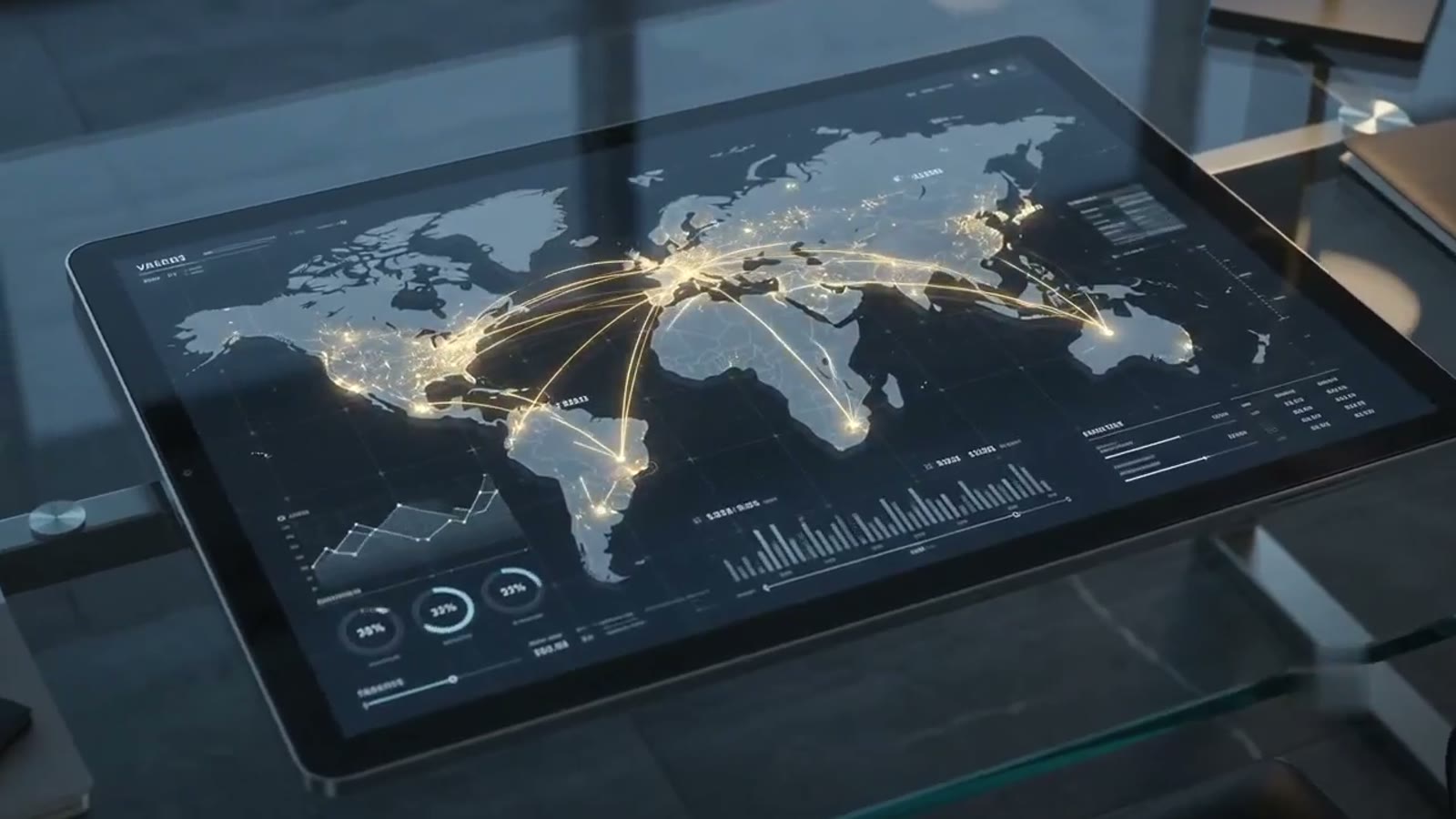 A network of trade routes across a world map